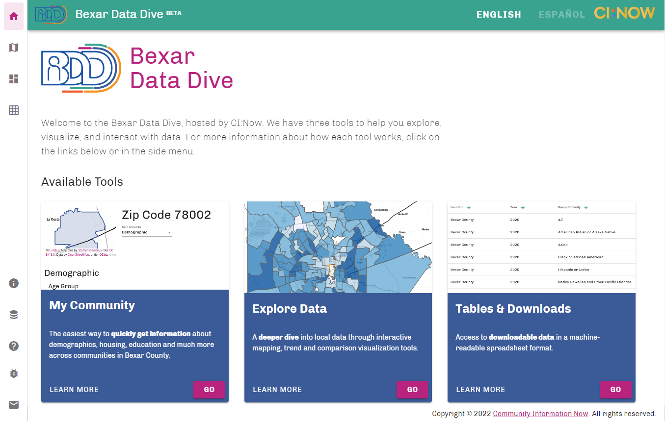 Image of Bexar Data Dive landing page showing three tiles: My Community, Explore Data, and Tables & Downloads