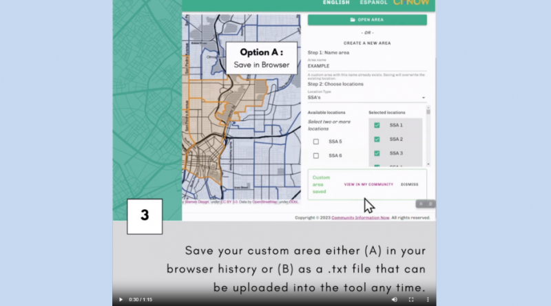 Screenshot of Step 3 (Save Area) in the short video describing how to use the Create Custom Area feature in Bexar Data Dive