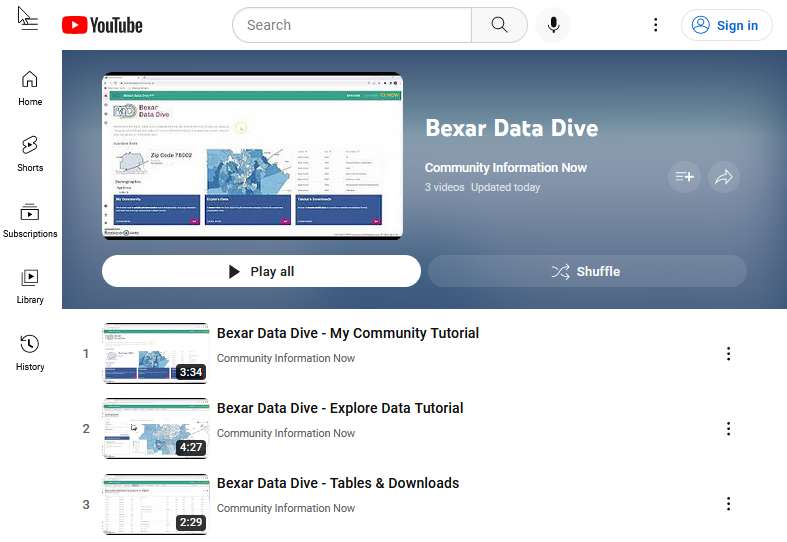 Screenshot of Bexar Data Dive video tutorial playlist on YouTube